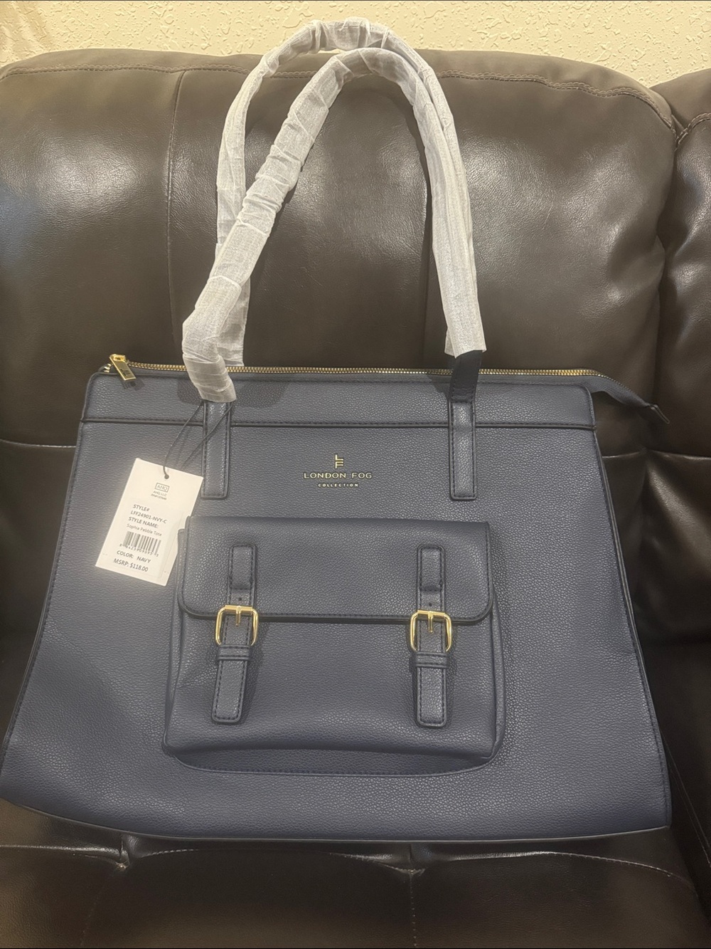 London Fog Sophia Pebble Tote Navy with Gold Accents